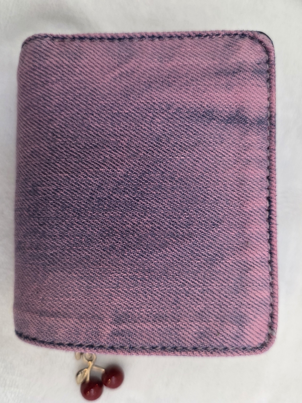 Custom Pink Washed Denim Coach Wallet | Cherry Charm Zip Around Upcycled Bag - Picture 4 of 10